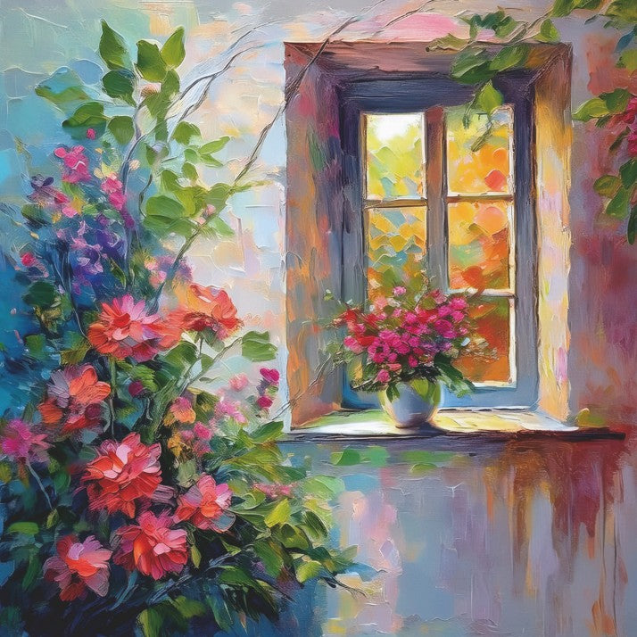 Painting of a window with flowers and garden view