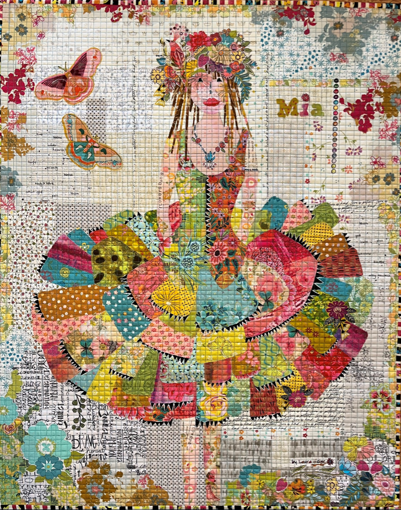 Colorful mosaic artwork of a woman with flowers and butterflies