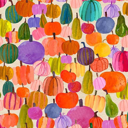 Pattern of colorful pumpkins on a beige background