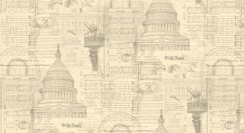 Textured wallpaper with architectural elements and 'Woolworth' branding.