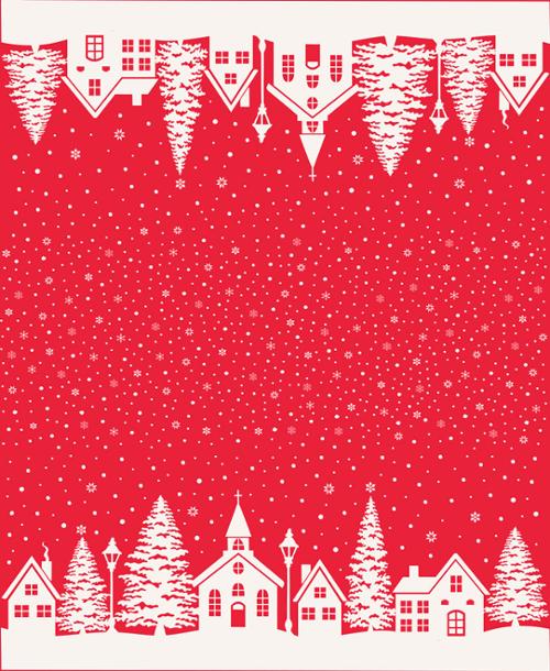 Christmas quilting fabric with white winter village border print on red background