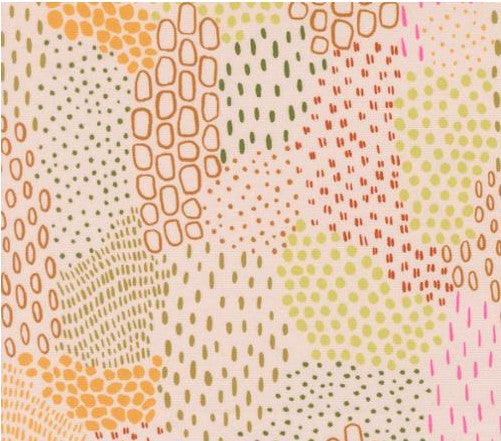 Patterned fabric with multicolor dots and lines on a beige background