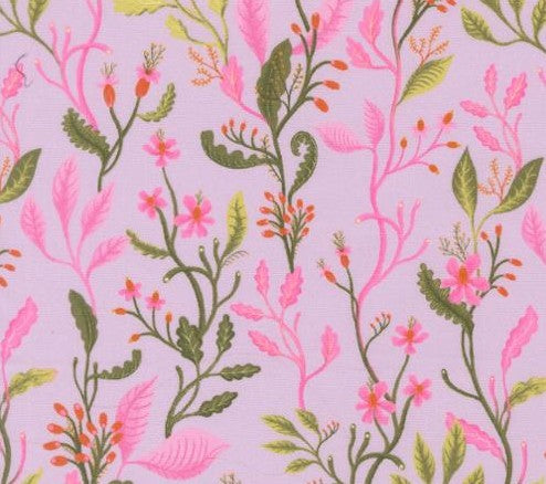 Floral pattern with pink and green leaves on a light purple background