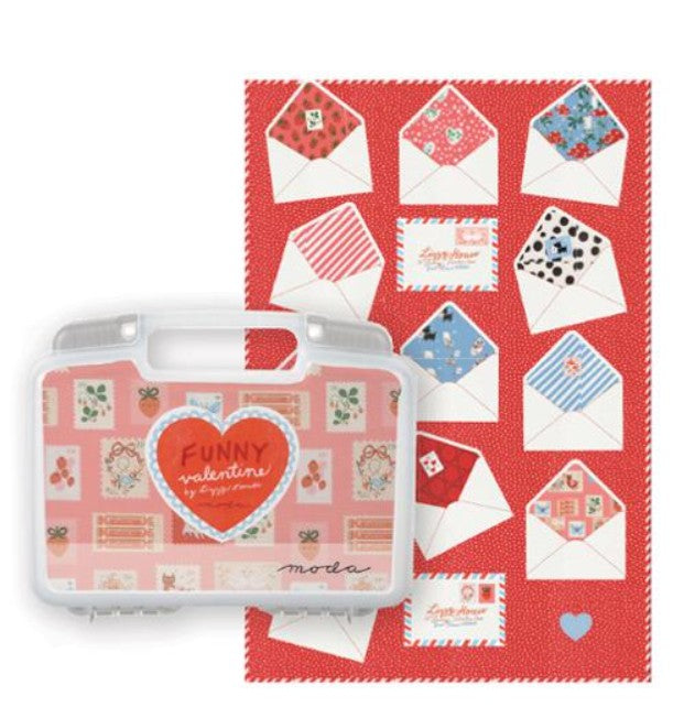 Fabric with heart designs and 'Funny Valentine' text on a red background