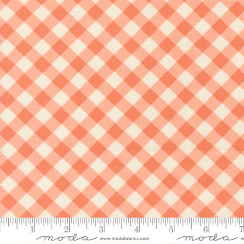 Coral and white checkered fabric with a ruler at the bottom