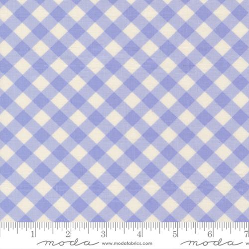 Blue and white checkered fabric pattern with a ruler at the bottom