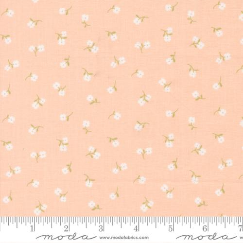 Fabric pattern with small white flowers on a peach background, featuring Moda label.