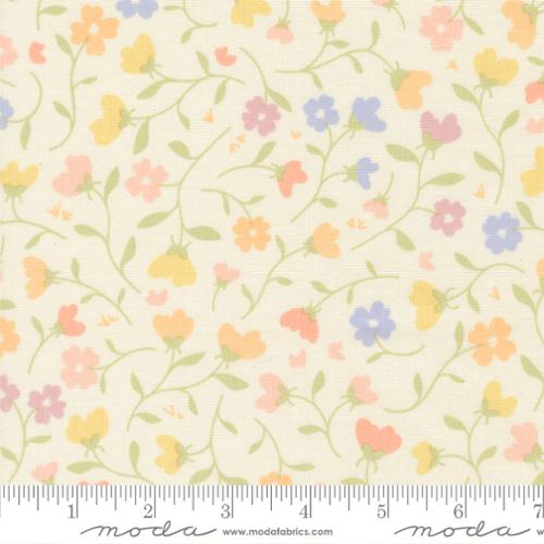 Pastel floral pattern on a cream background with Moda label.