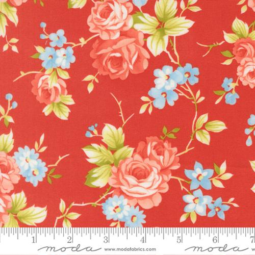 Floral fabric pattern with roses and blue flowers on a red background, featuring Moda label.