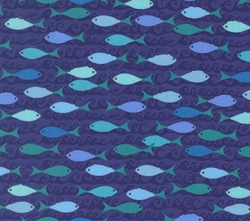 Pattern of blue and green fish on a dark blue background
