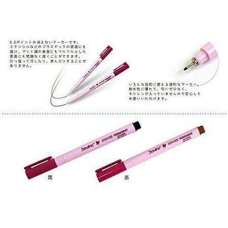 Two pink markers with black caps on a white background, accompanied by Japanese text.