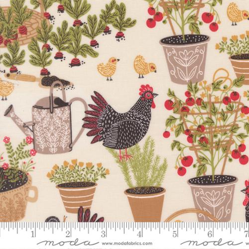 Fabric pattern with chickens, plants, and watering cans on a beige background, featuring Moda label.