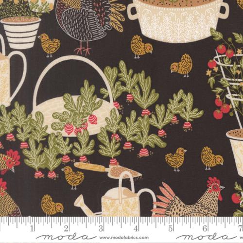 Fabric with garden-themed pattern featuring chickens, plants, and watering cans on a dark background.