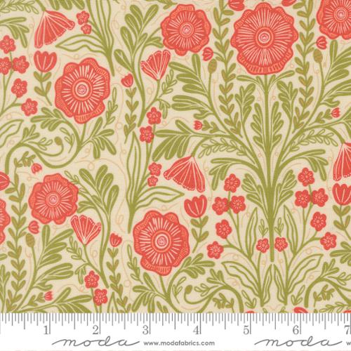 Floral pattern fabric with red and green flowers on a beige background, featuring Moda label.