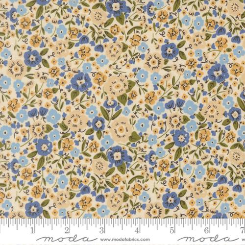 Floral fabric pattern with a ruler at the bottom for scale, featuring Moda brand.