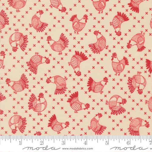 Fabric pattern with red chickens on a beige background, featuring Moda label.