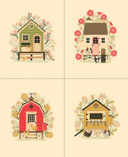 Four small houses with floral decorations on a beige background