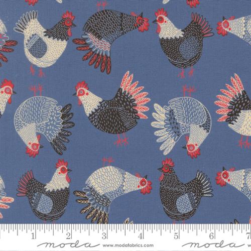 Fabric with chicken pattern on a blue background, featuring Moda label.