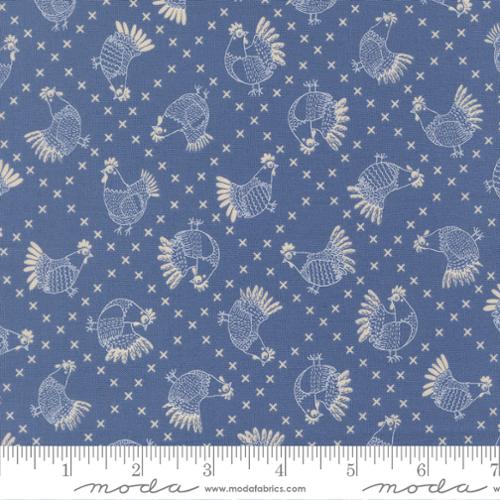 Fabric pattern with chickens on a blue background, featuring Moda label at the bottom.
