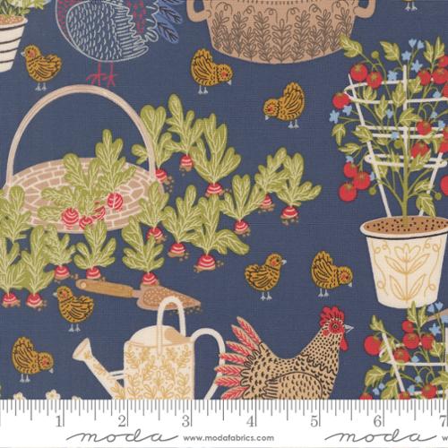Fabric pattern with chickens, plants, and a watering can on a blue background, featuring Moda label.