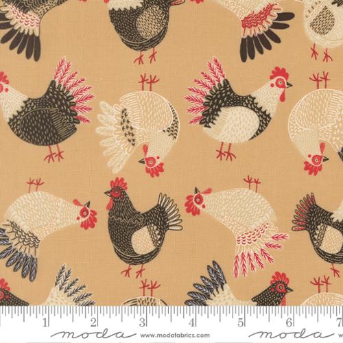 Pattern of chickens on a beige background with a ruler for scale.