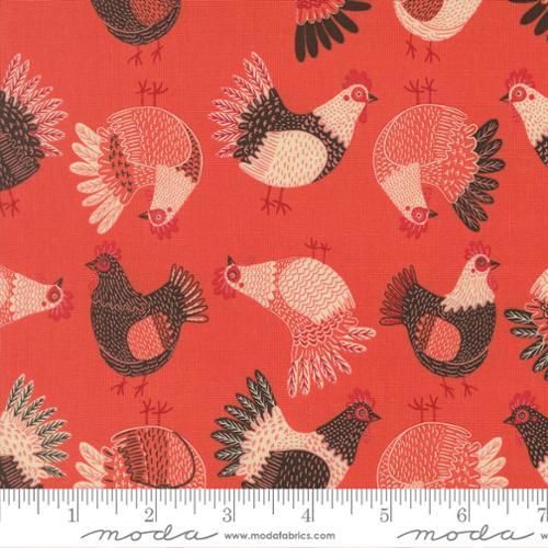 Pattern of chickens on a red background with a Moda label at the bottom.
