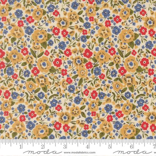 Floral fabric pattern with a ruler at the bottom for scale, featuring Moda brand.