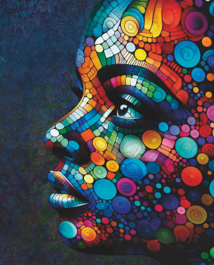 Colorful mosaic art of a face on a dark background