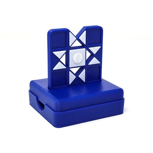 Blue and white geometric-patterned device on a white background