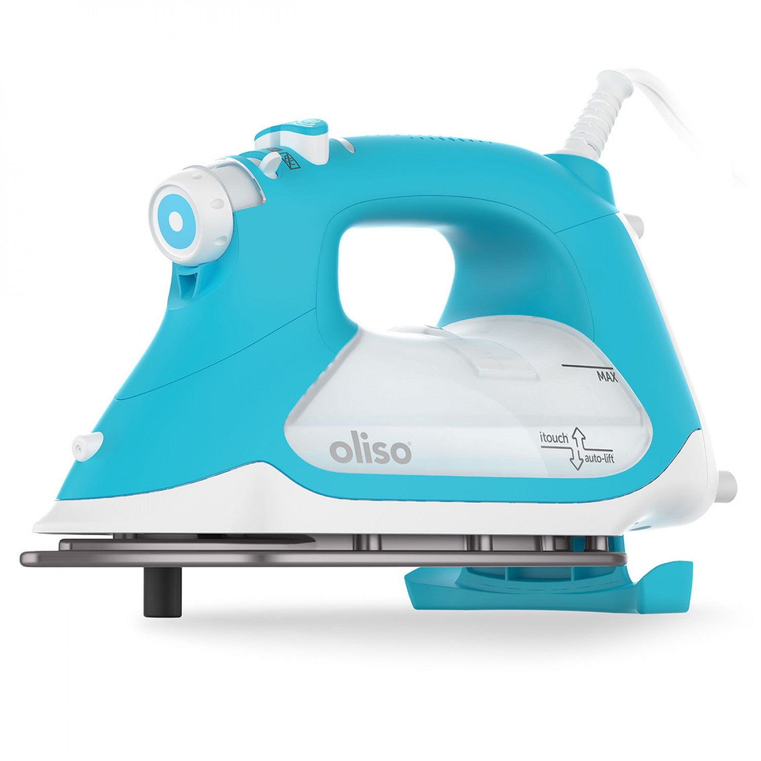Turquoise and white Oliso iron on a white background
