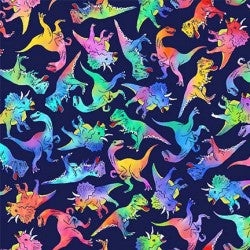 Rainbow Dinosaur Navy novelty children's quilting fabric
