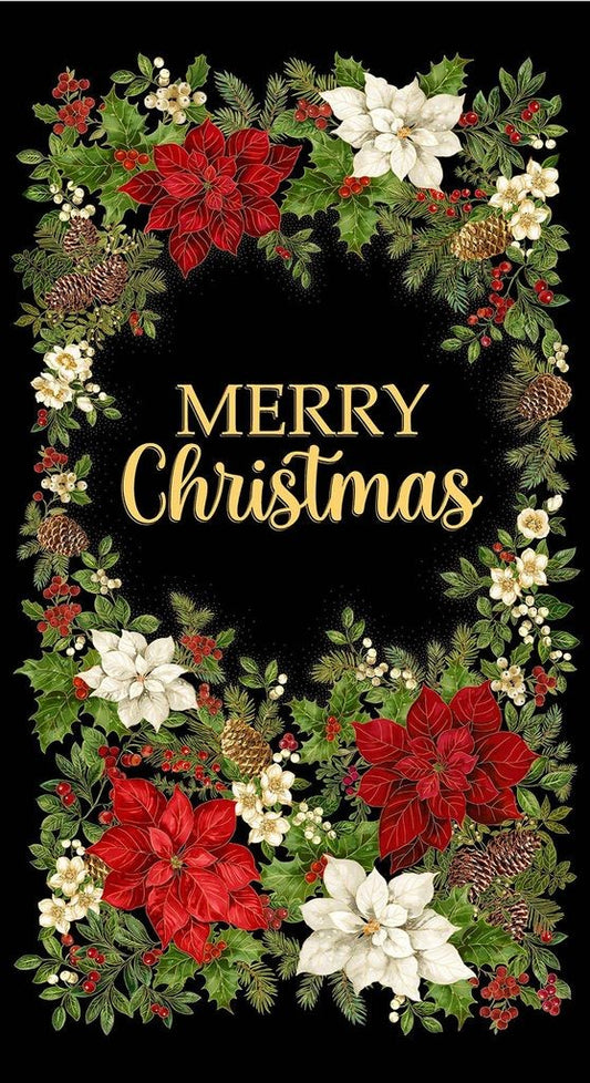 Timeless Treasures Merry Christmas 24 inch black metallic Christmas fabric panel