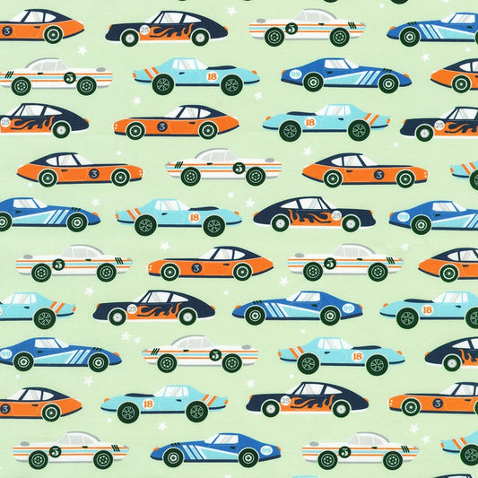 Robert Kaufman Full Speed Ahead Mint transportation quilting cotton
