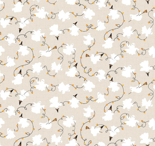 Studio E I Made A Boo-Boo ghosts and lights print 8991-46 in bone, Halloween cotton