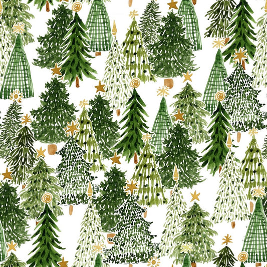 Snowy Greetings Trees White Christmas quilting cotton by Susan Winget for White Owl Textiles