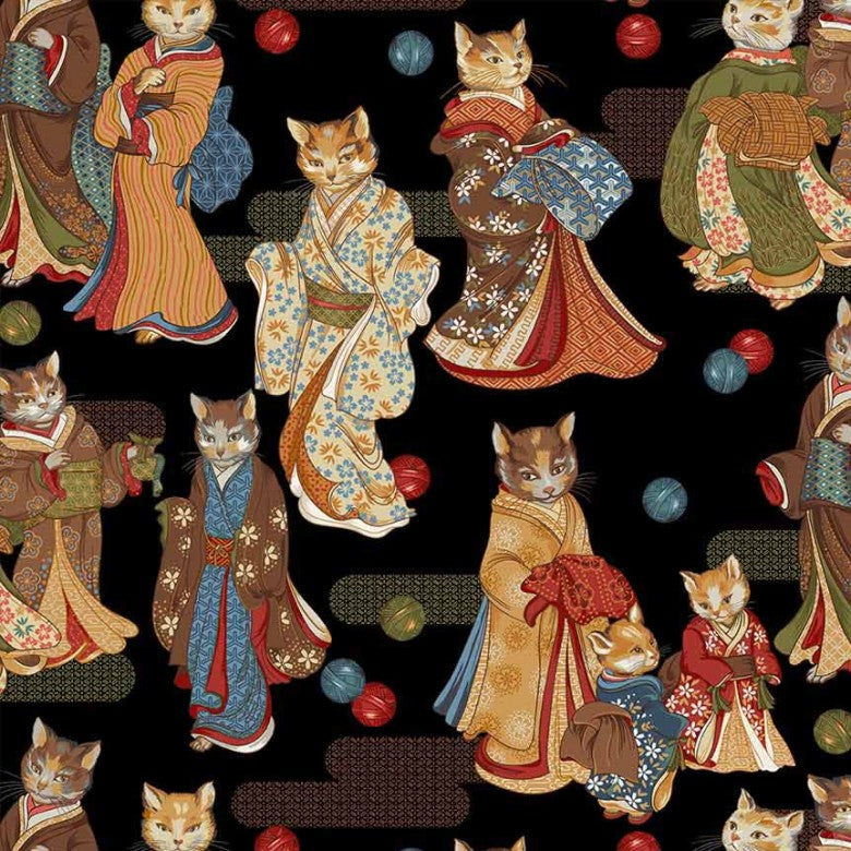 Michael Miller Tokyo Fur-Tales Ginza Whiskers DCX12641 black Japanese