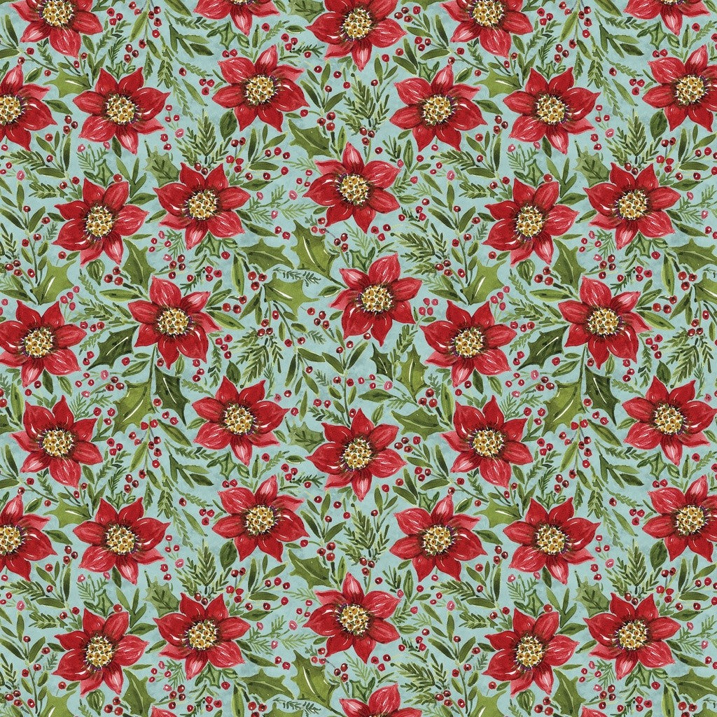 White Owl Textiles - Snowy Greetings - Susan Winget - W105-034-536 / Poinsettia and Holly-Blue