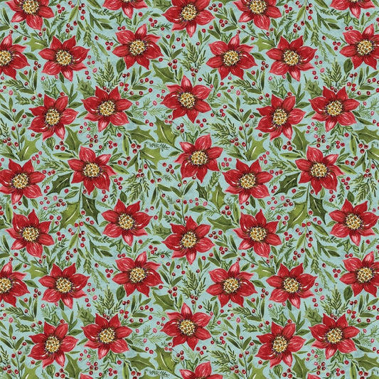 Snowy Greetings Poinsettia and Holly Blue Christmas quilting cotton by Susan Winget for White Owl Textiles