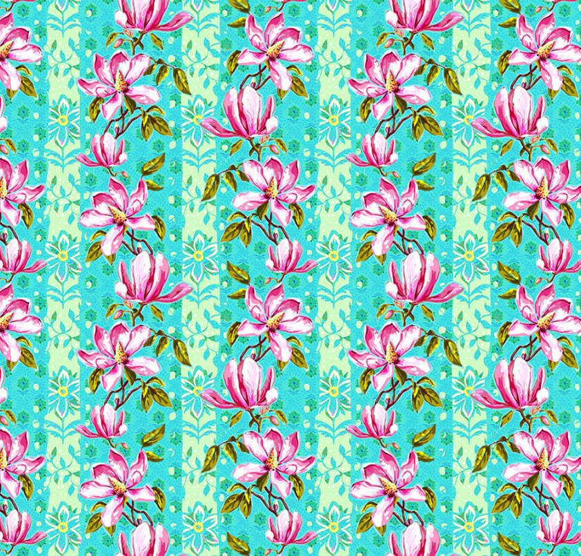 Free Spirit Festival Magnolias Blue quilting cotton fabric