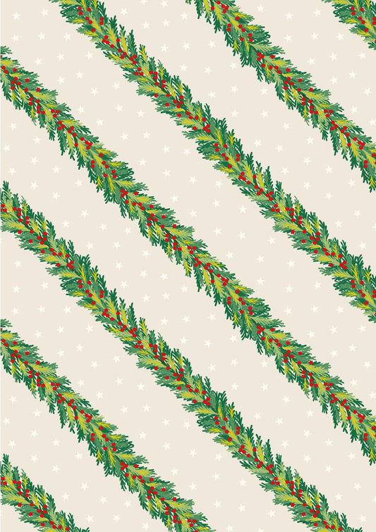 Lewis & Irene Christmas in Bluebell Wood spruce garland on cream, C144A cotton