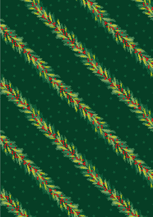 Lewis & Irene Christmas in Bluebell Wood spruce garland on green, C144C cotton