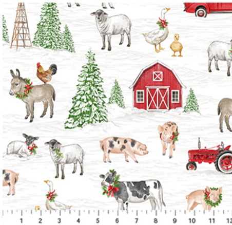 Northcott Barnyard Christmas 28801-10 white multi holiday novelty cotton