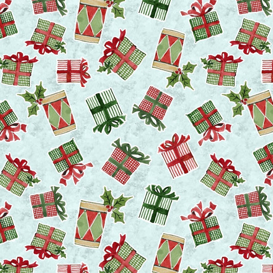 Snowy Greetings Present Toss Blue Christmas quilting cotton by Susan Winget for White Owl Textiles