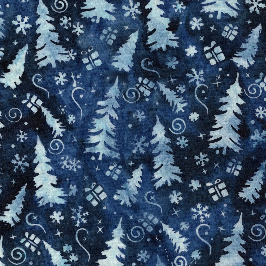 Island Batik Frosted Wishes Trees and Presents Blue Denim cotton batik quilting fabric