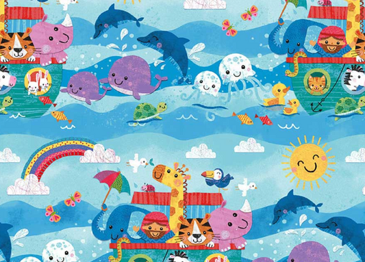 Blank Quilting Noah and Friends blue animal print cotton