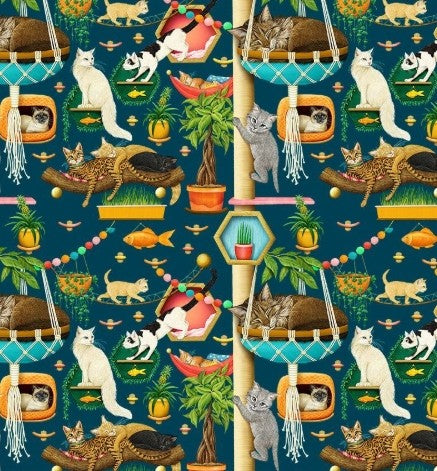 Timeless Treasures Feline Fanatic Cat Trees and Perches navy CD4127 quilting cotton