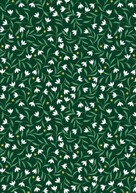 Lewis & Irene Christmas in Bluebell Wood snowdrops on Christmas green with metallic, C140C