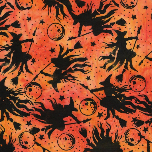 Island Batik Boo Bash Witches Moons Stars quilting fabric in Orange, a hand-dyed Halloween batik