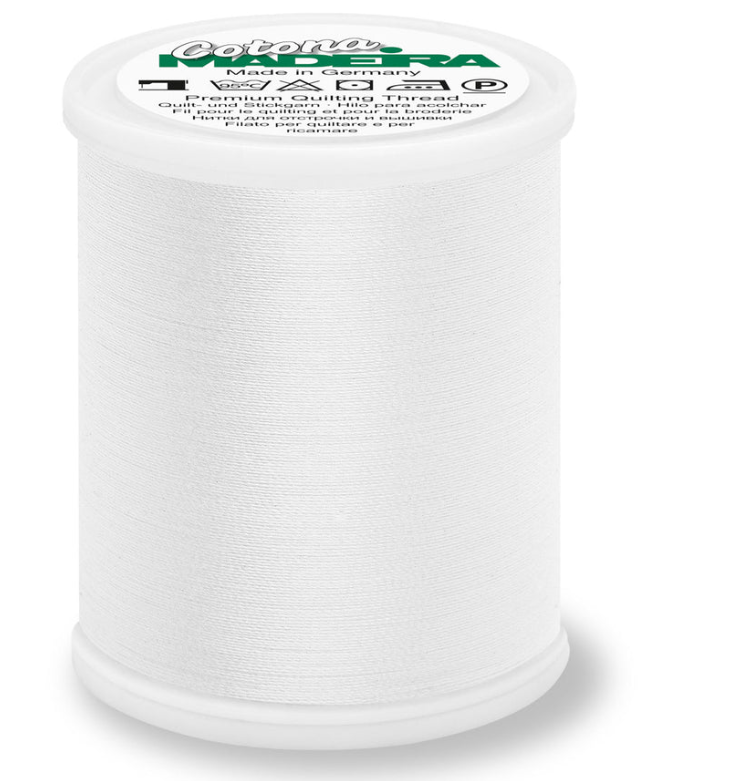 Spool of Madeira Cotona 50wt thread in White, color 502