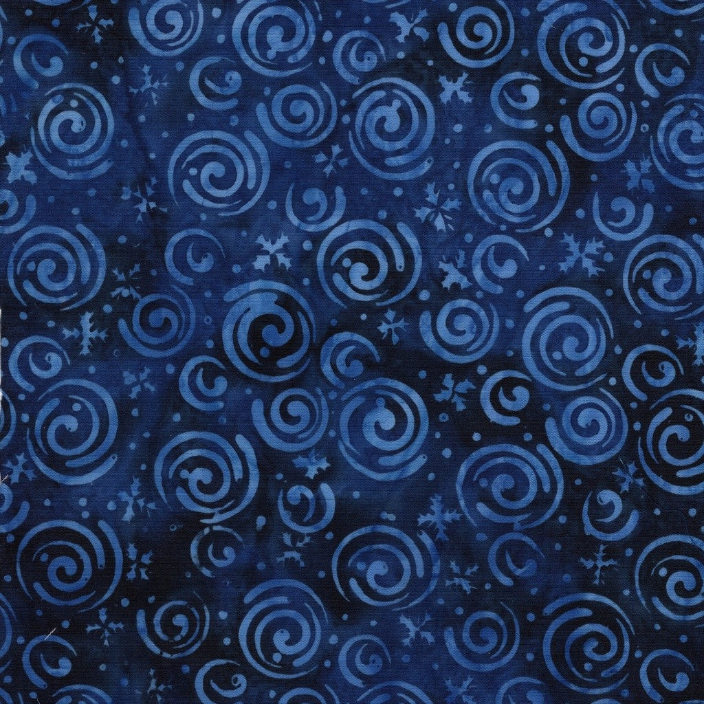 Island Batik Frosted Wishes Snowflakes and Swirls Blue Marine cotton batik quilting fabric